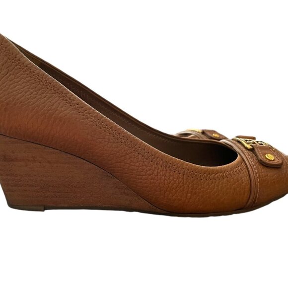 Tory Burch Natalya Pebbled Leather Saddle Brown Pumps Wedges - Picture 4 of 10